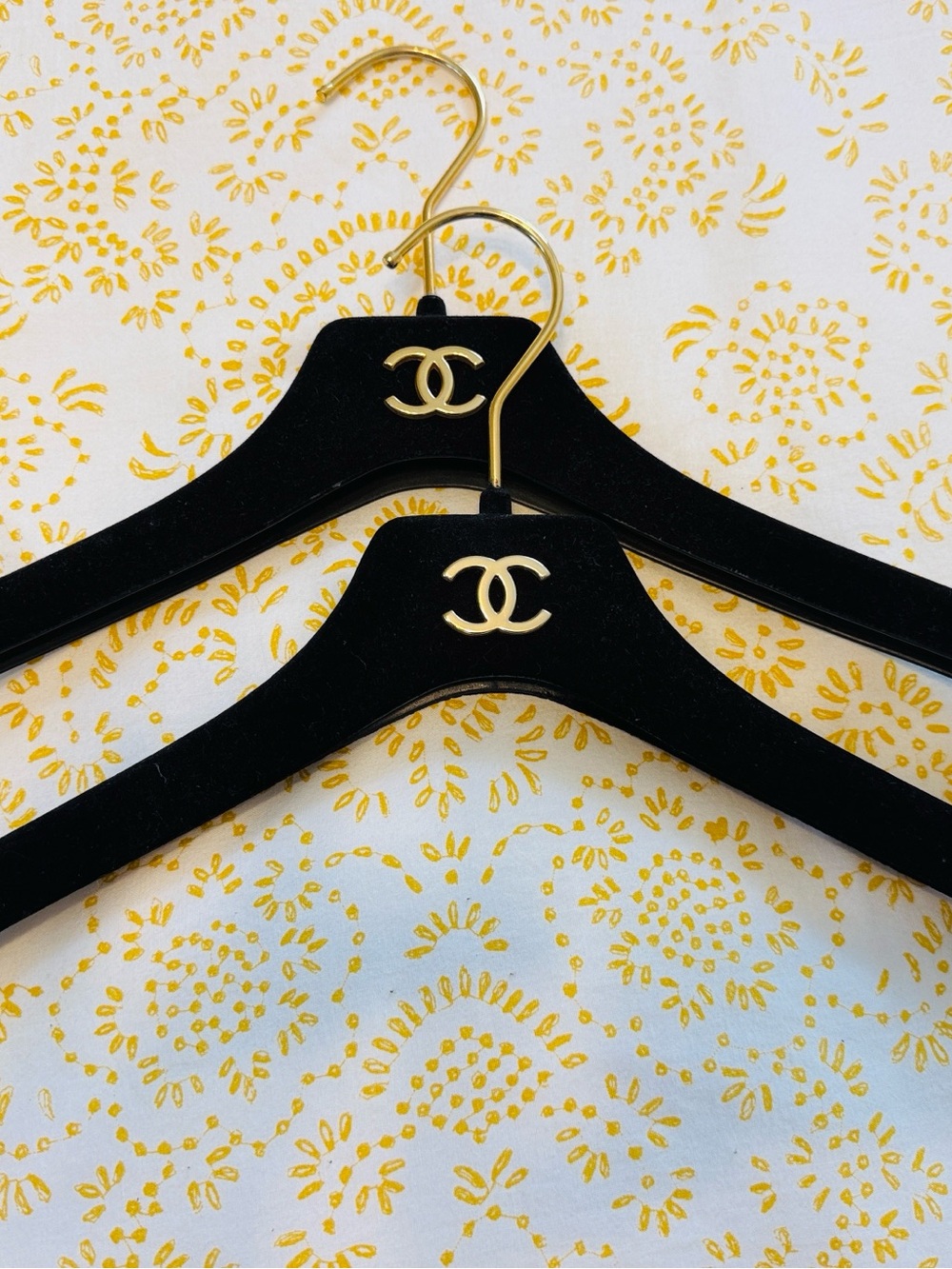 CHANEL Black Velvet Hangers with Gold Logo - Set of 2